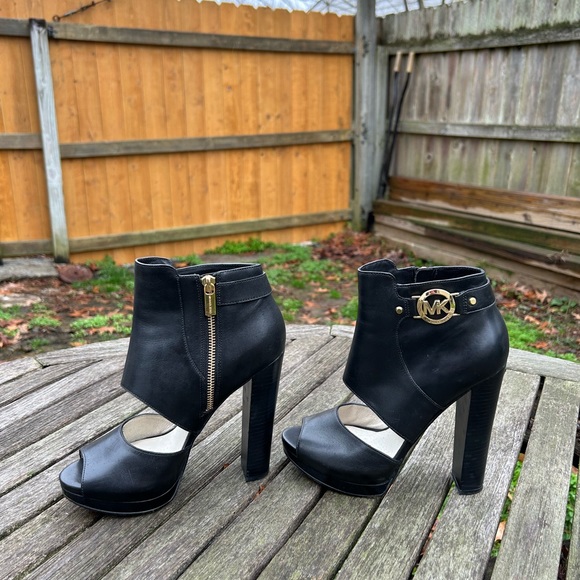 Michael Kors Shoes - Michael Kors Wyatt Peep Toe Bootie Heel size 8 black gold